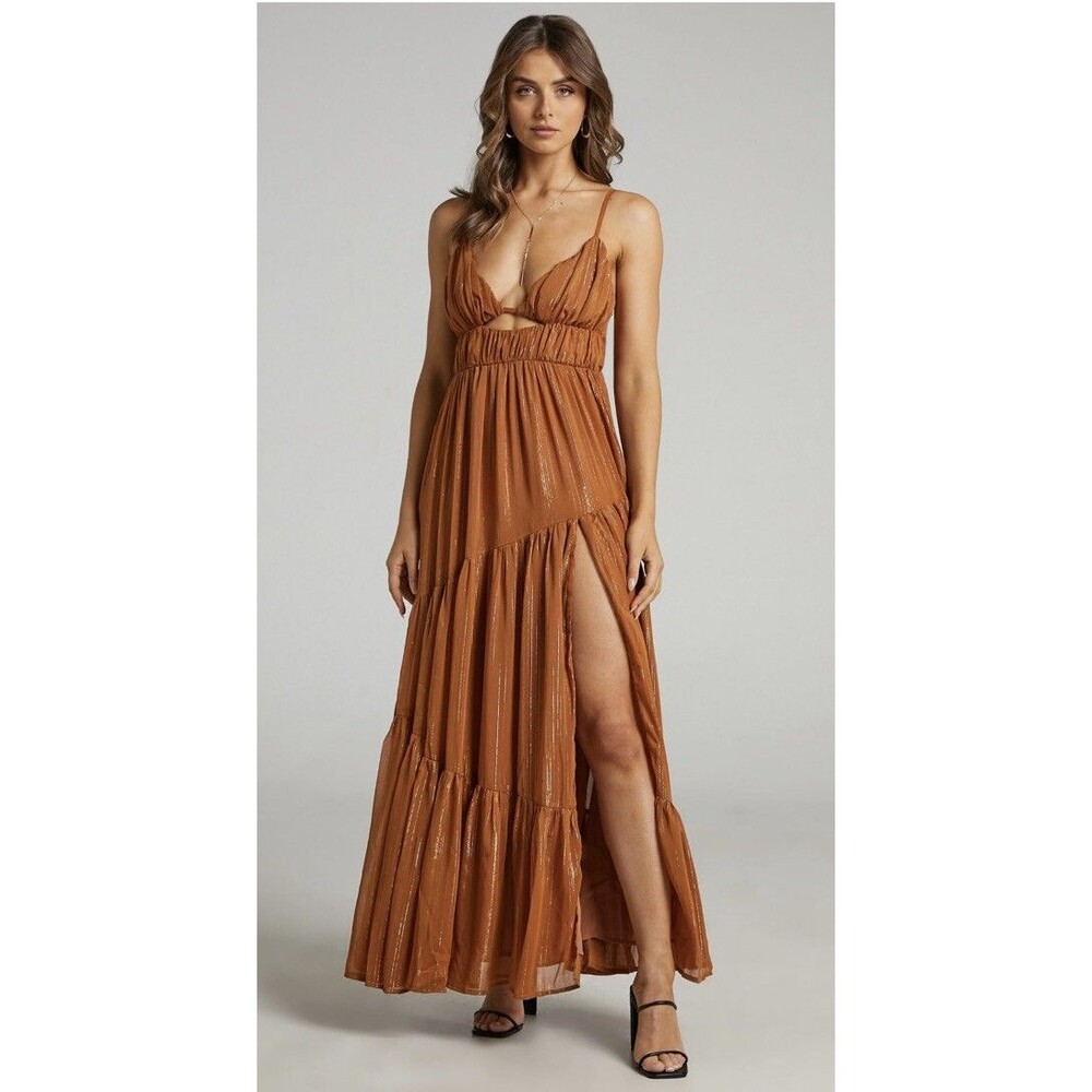 Showpo Size 8 Magnolia Strappy Glam Dress In Rust Metallic Weave Tier Maxi Greek